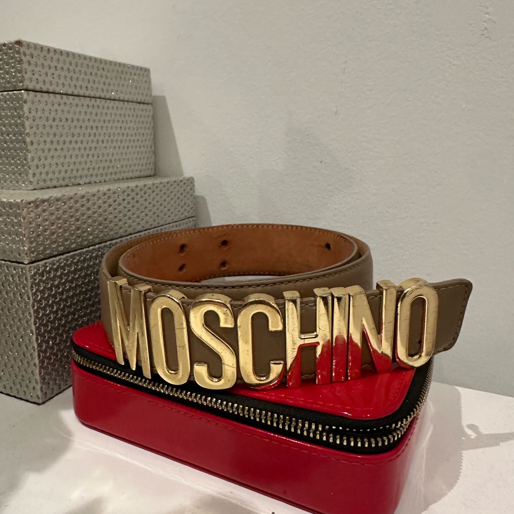 Moschino Gold Logo Buckle Belt With Tan Strap